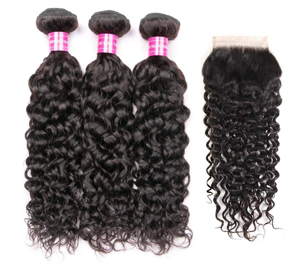 Brazilian Water Wave Bundles with Closure 9A Ocean Wave Wet and Wavy Human Hair Bundles with Closure 100% Human Hair Weave Extensions Remy Hair Bundles Water Curly Hair (10 10 10+8, )